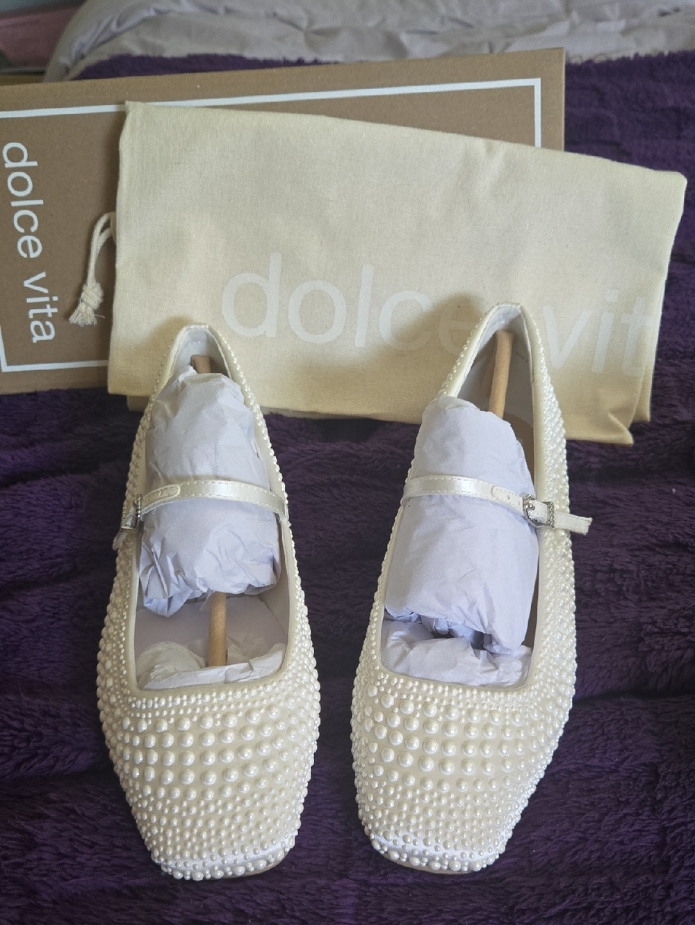 Dolce Vita Pearl-Embellished Ivory Mary Jane Flats